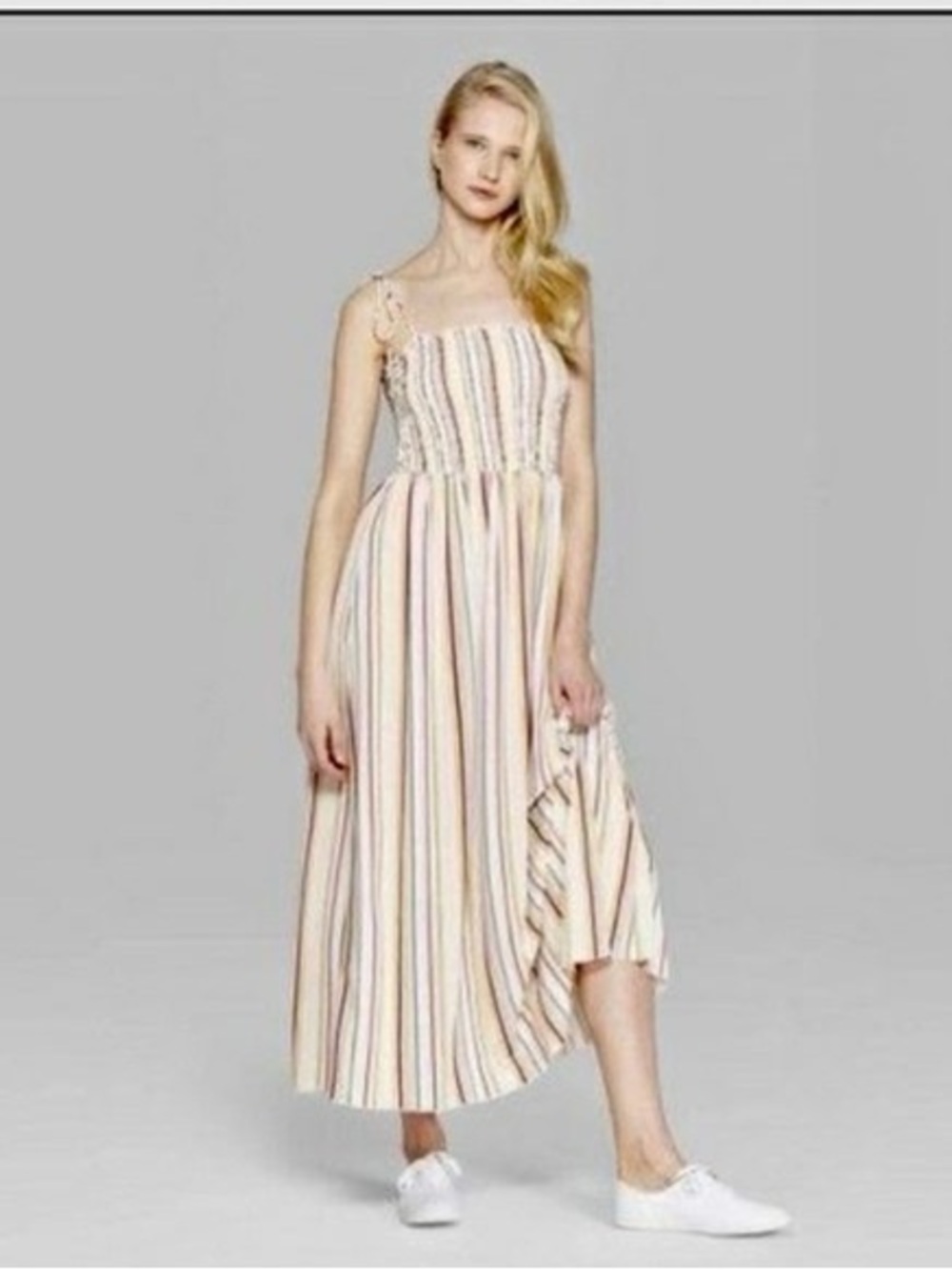 wild fable Cream Multi-Stripe Smocked Midi Dress